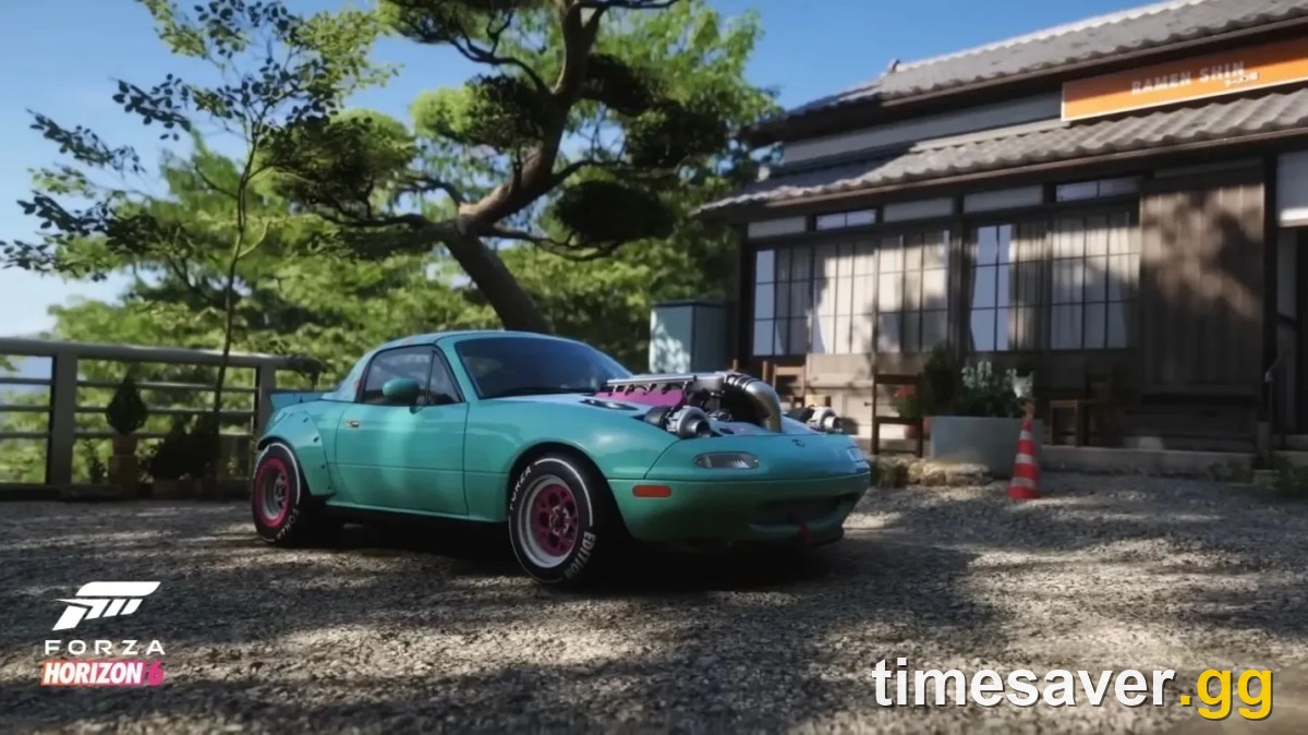 A lightweight turbocharged Mazda MX-5 Miata build parked at a Japanese ramen shop in Forza Horizon 6 — the kind of nimble JDM that excels on tight Time Attack circuits
