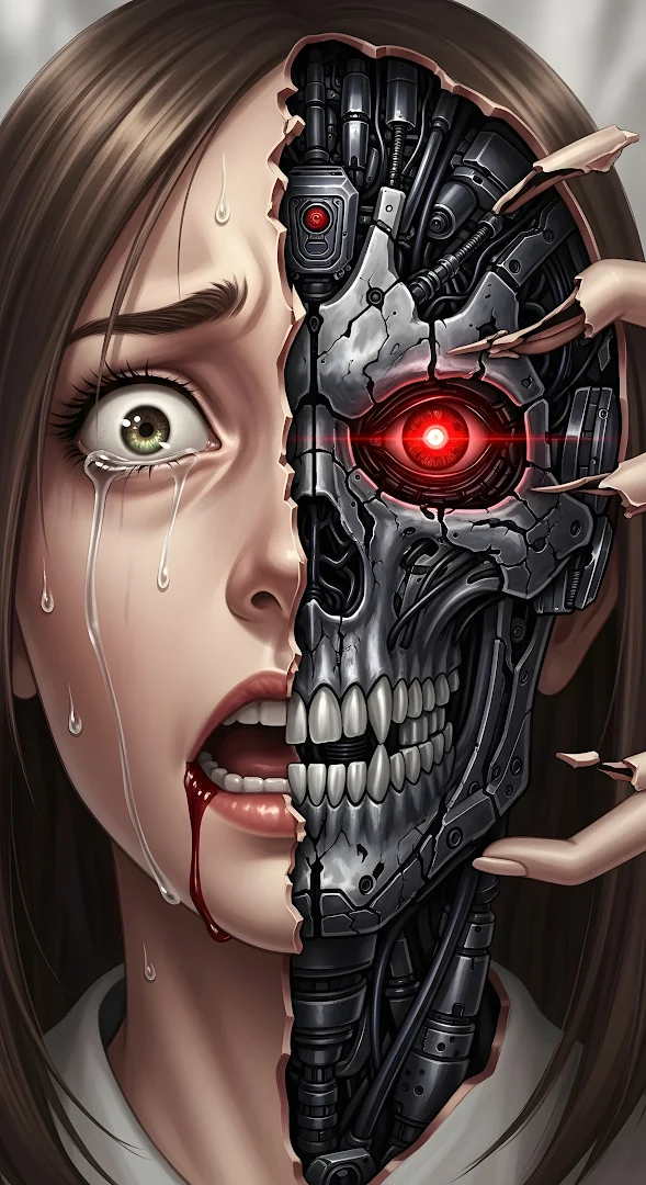 Crying Woman Revealing Cracked Cyborg Skull Face