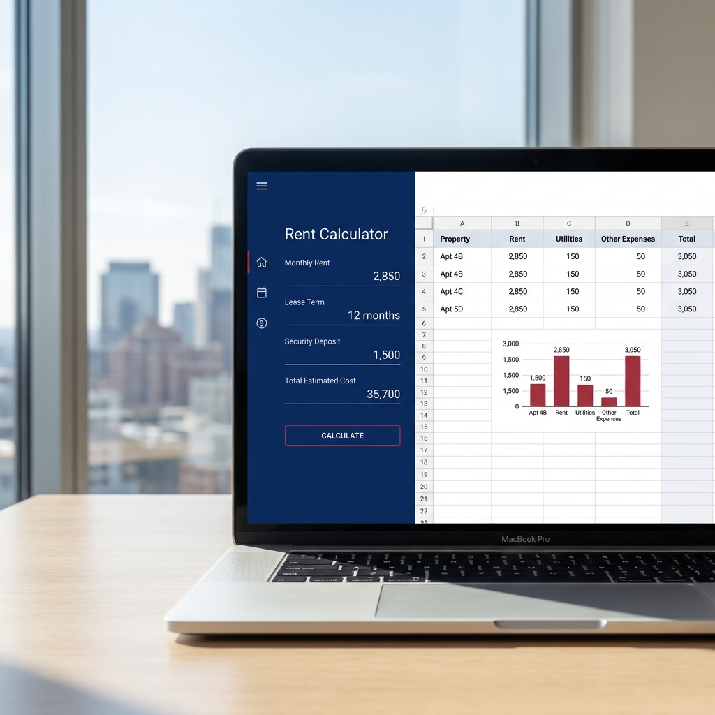 Close up of laptop rent calculator and spreadsheet with blurred city skyline in background illustrating cheapest cities to live in usa