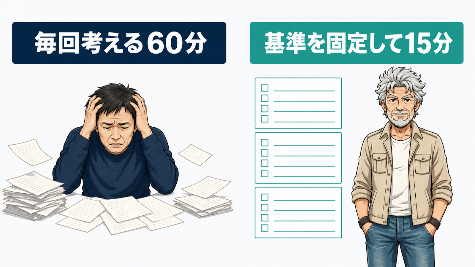 60分かかっていた頃と15分で回す今の工程を対比した図