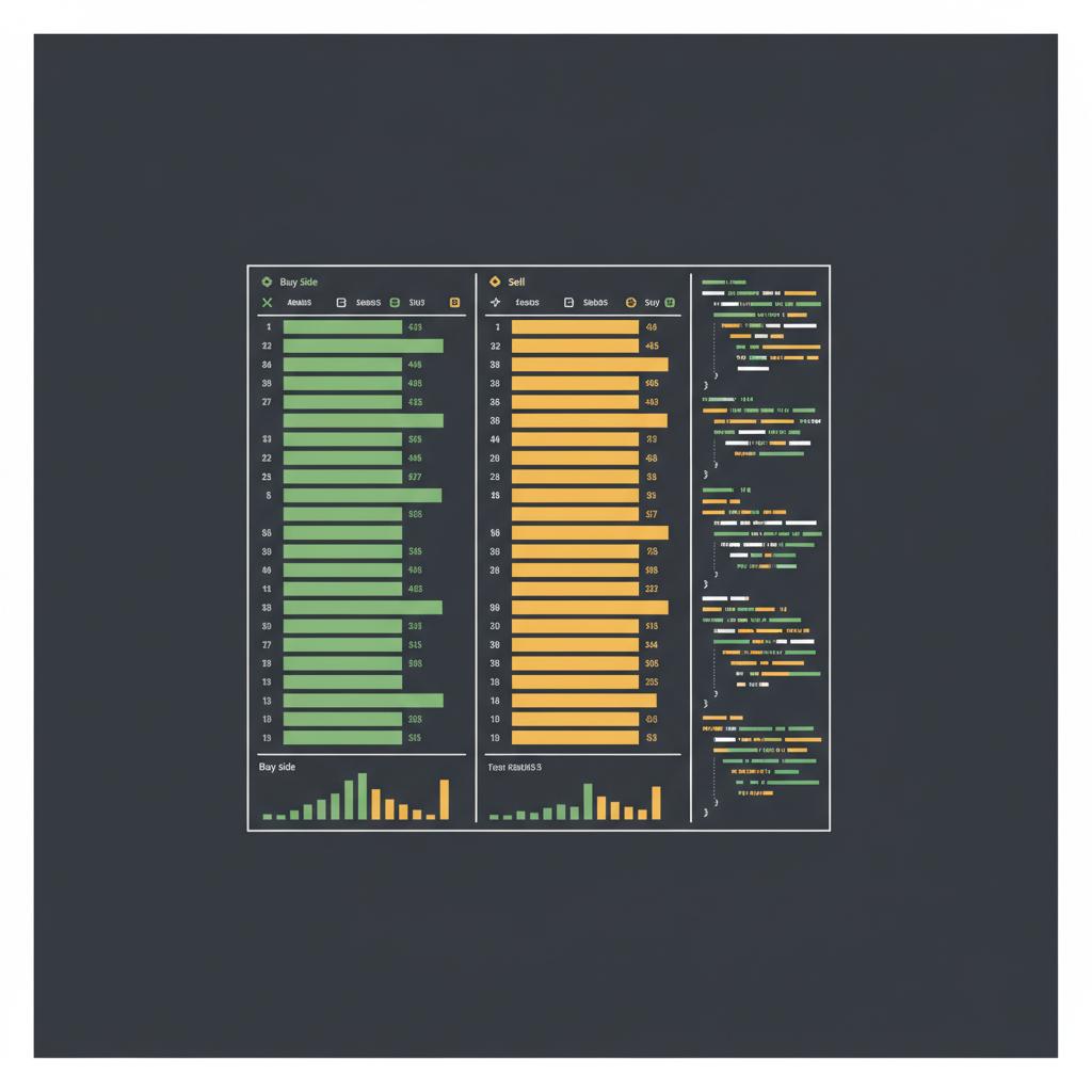 Close up 2D vector of a token order book and stylized trading code suggesting automation and execution for best automated crypto trading platform