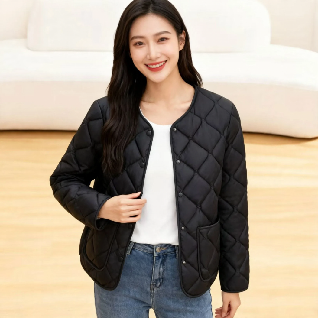 Women's lightweight, tailored puffer jacket with V-neck