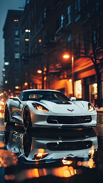 White Sports Car Reflection on Wet Urban Street at Night - Free mobile Wallpaper