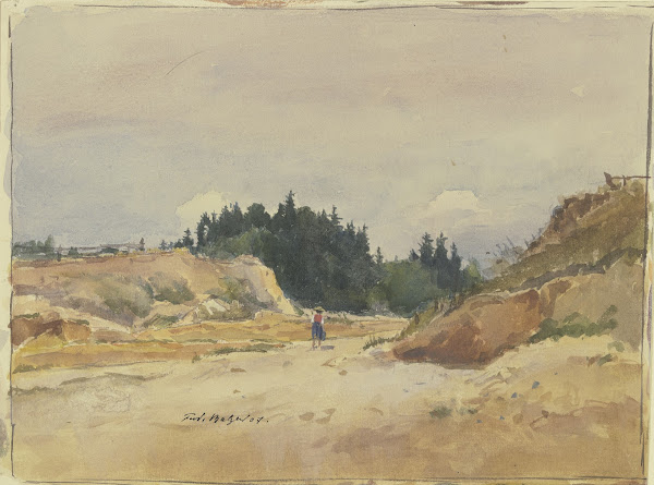 Hohlweg mit sandigem Boden auf welchem ein kleines Mädchen schreitet 1907