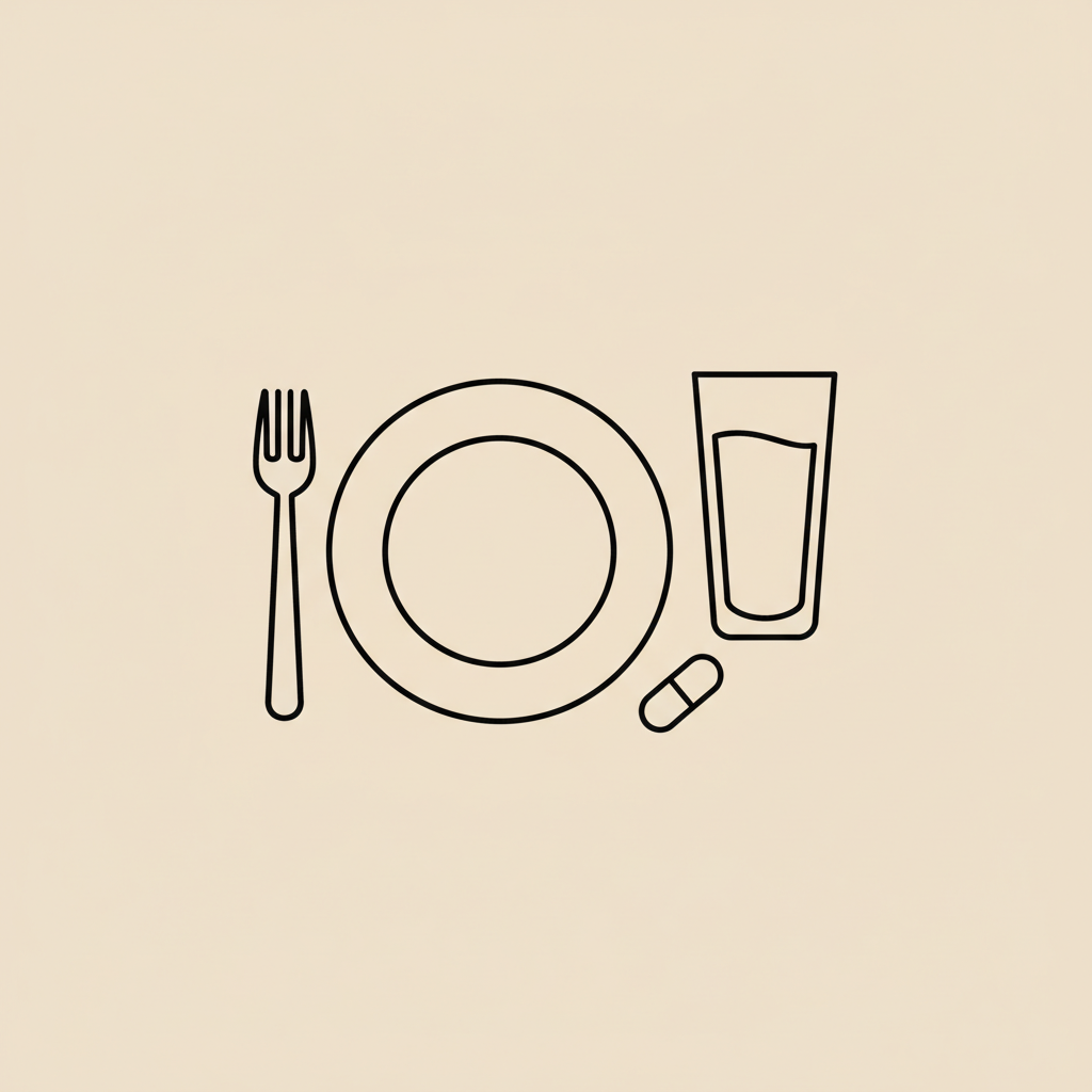 Minimalist vector line illustration of a plate, fork, water glass and capsule silhouette on beige background evoking meal timing and apple cider vinegar pills