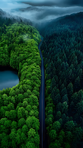 Aerial View Road Dividing Vibrant and Dark Evergreen Forest