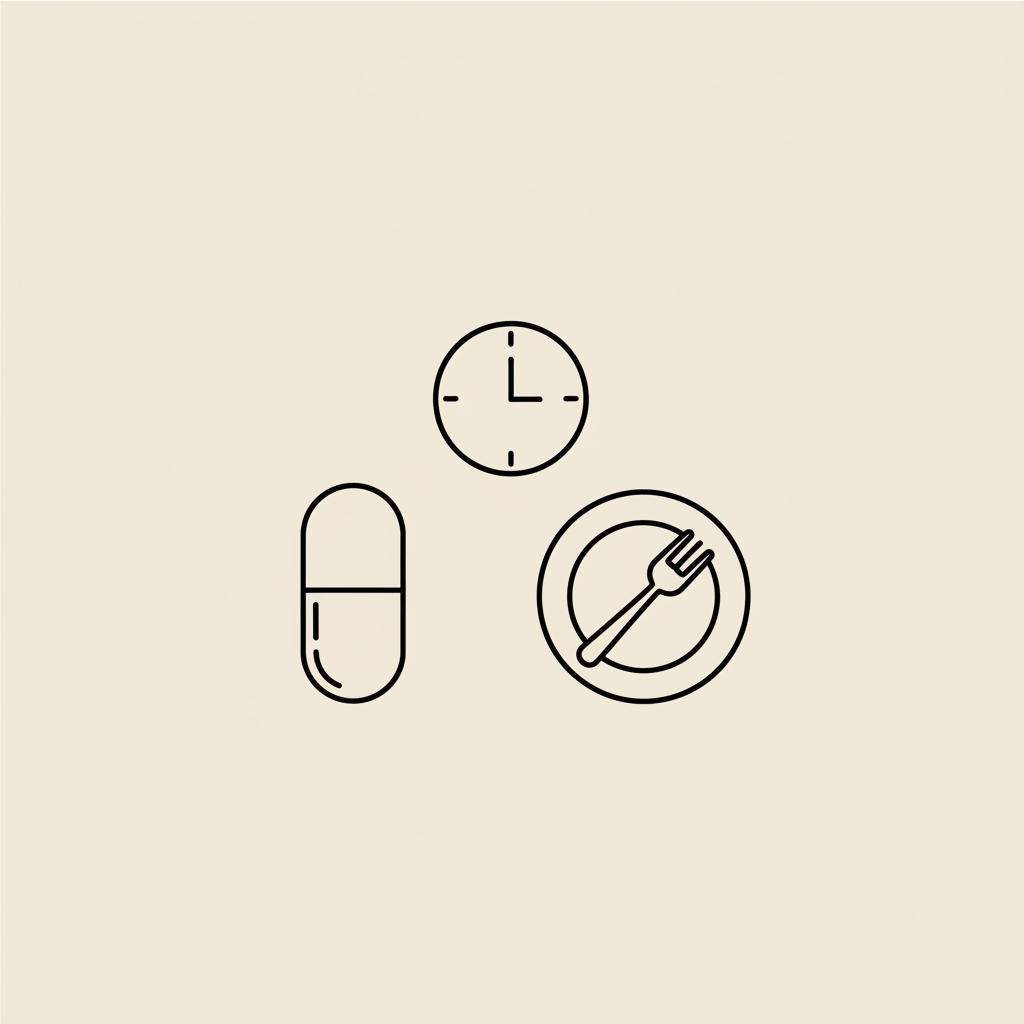 Minimal Tonum-style vector illustration of a capsule, small plate with fork, and midday clock on a flat beige background, visually indicating when to take berberine.