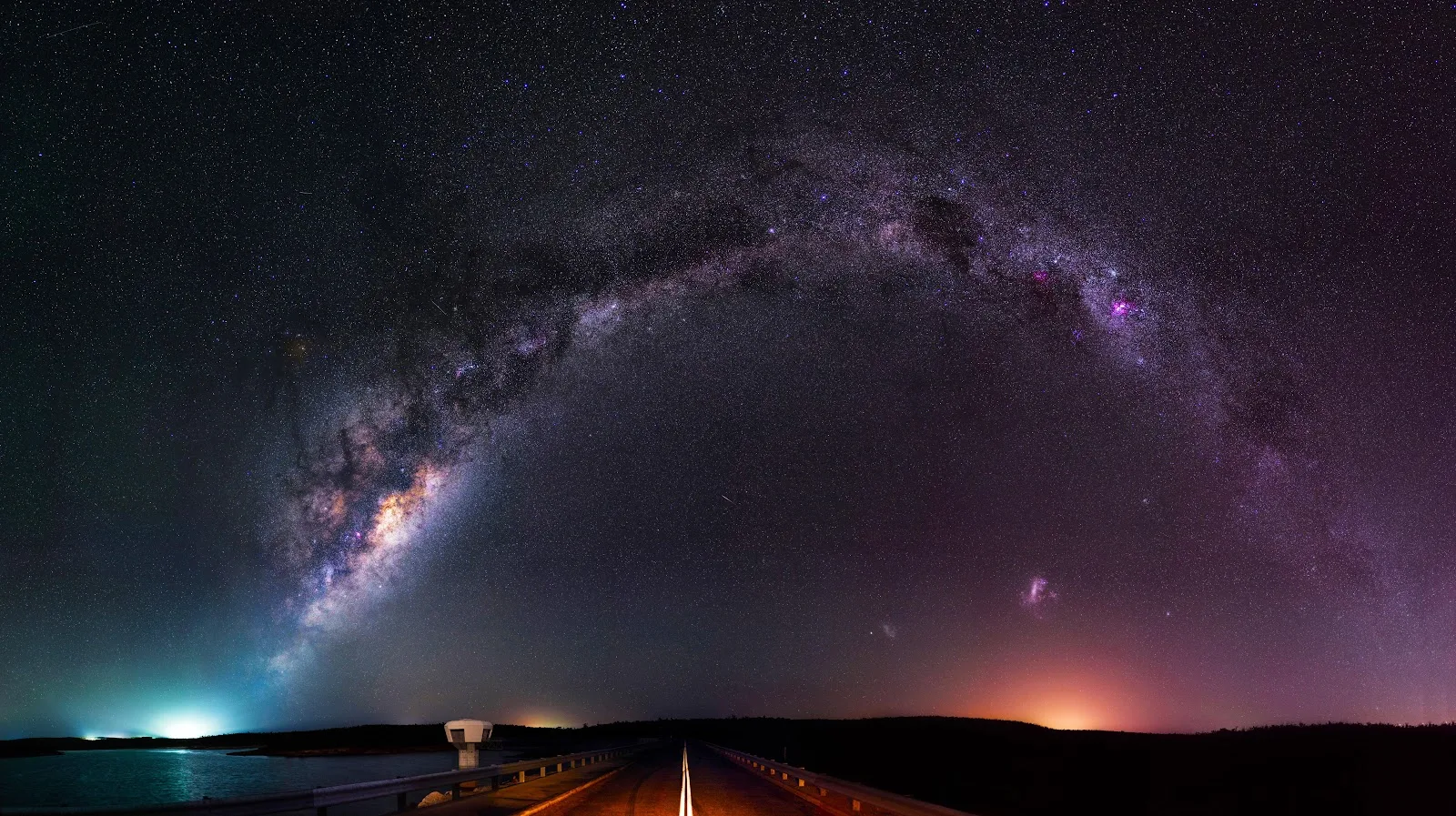 Milky Way Arch Over Road - Landscape Astrophotography 5K Wallpaper (6144x3445)