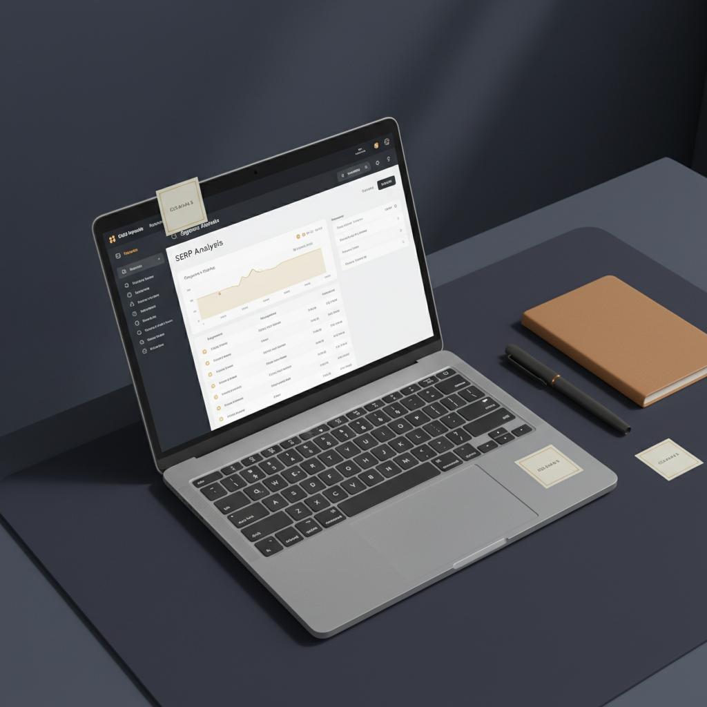 Minimalist workspace with laptop showing a SERP analysis dashboard, sticky notes and notepad with subtle #C8A45D accents &mdash; keywords for search engines