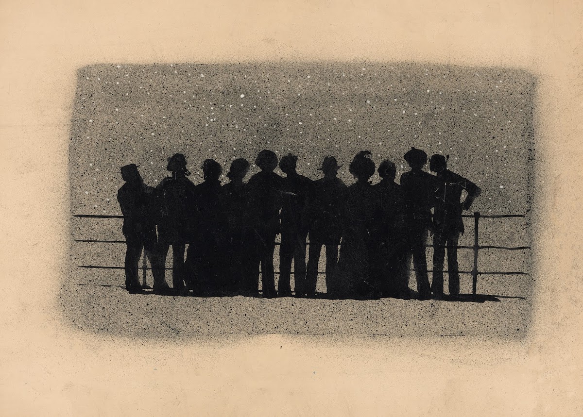 Silhouettes of eleven figures standing by the rail of a ship looking at the star