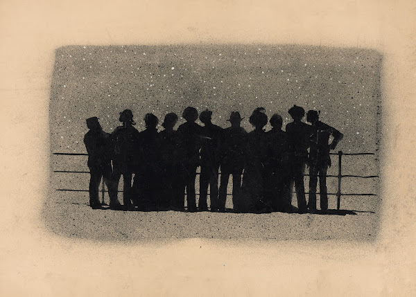 Silhouettes of eleven figures standing by the rail of a ship looking at the star