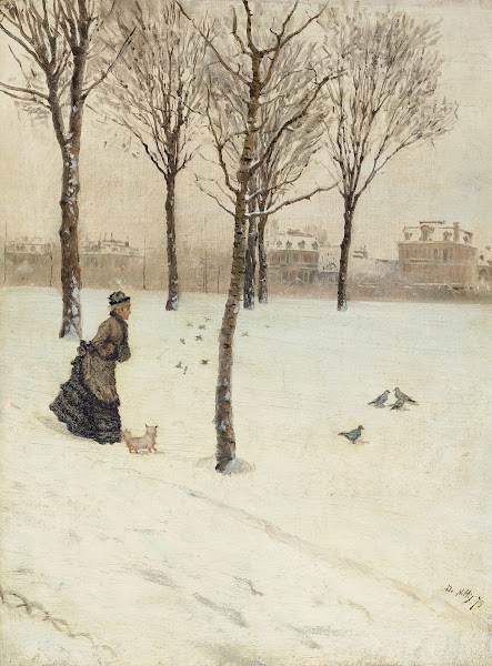 Signora sulla neve con cagnolino 1875