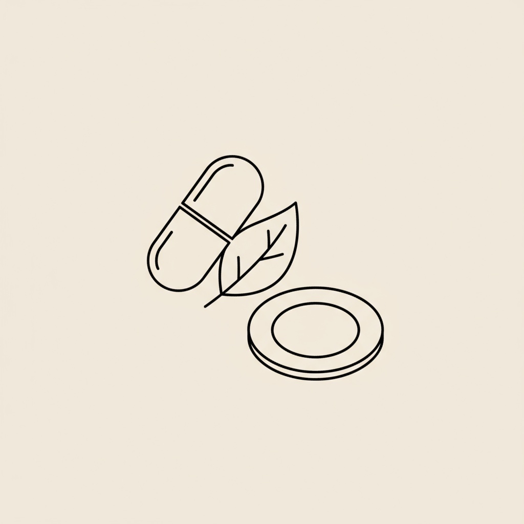 Minimal Tonum-style vector of a capsule, leaf, and plate representing pre-workout supplements weight loss and natural nutrition on a beige background.