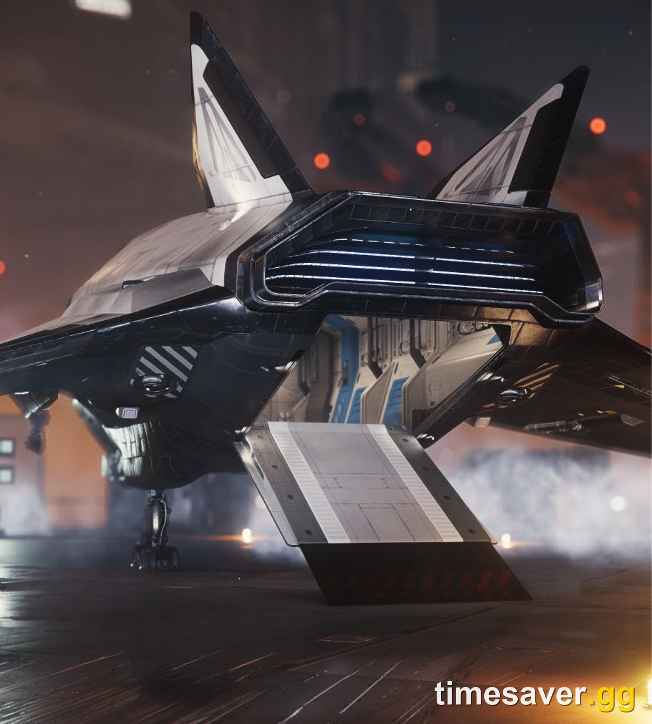 Aegis Avenger Titan starter ship with its rear cargo ramp open in a hangar