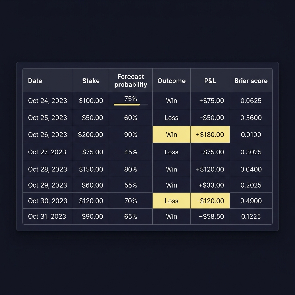 Simple spreadsheet screenshot showing columns date stake forecast probability outcome P&L and Brier score on dark Funded Plays style background How to Plan an Evaluation Around a Fixed Profit Target