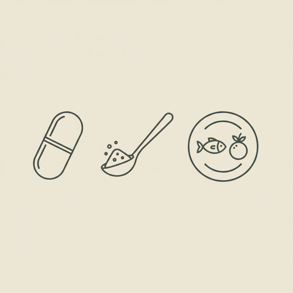 Minimal Tonum-style line illustration of a capsule, spoon with protein powder, and plate with fish and berry on beige background, representing whey protein weight loss.