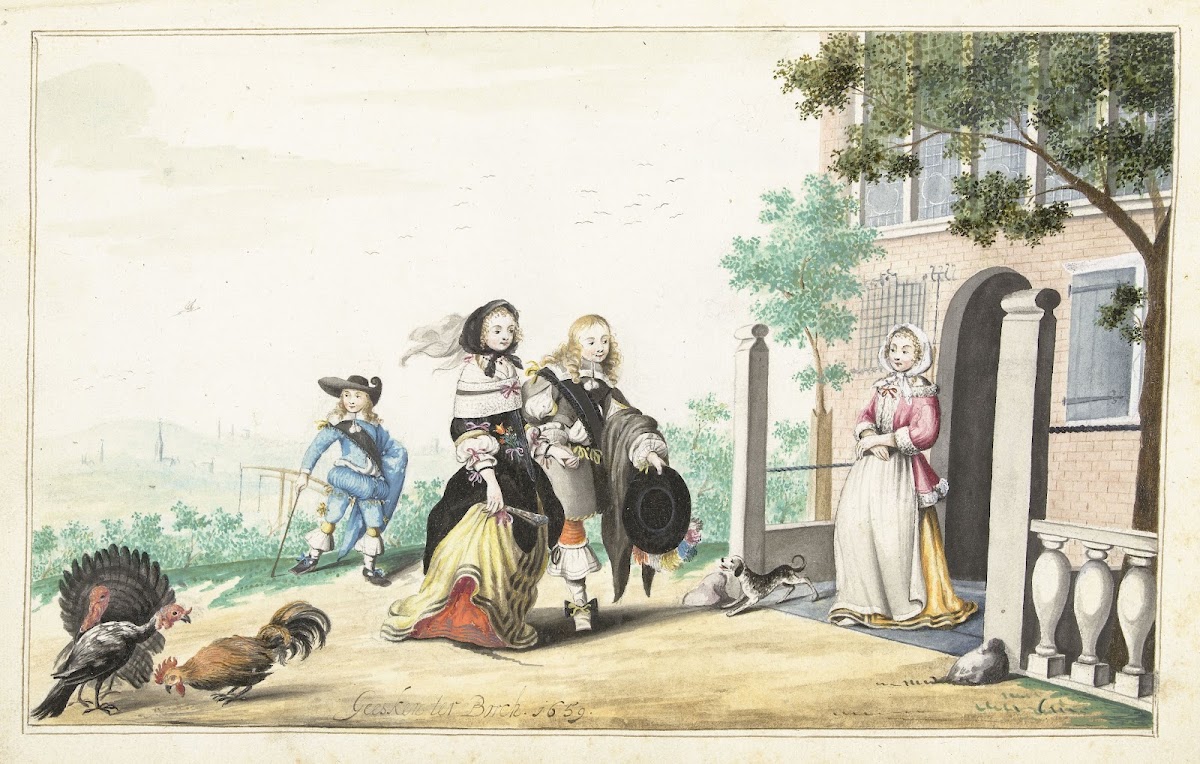 Stel begroet een dame bij de deur van een landhuis 1659