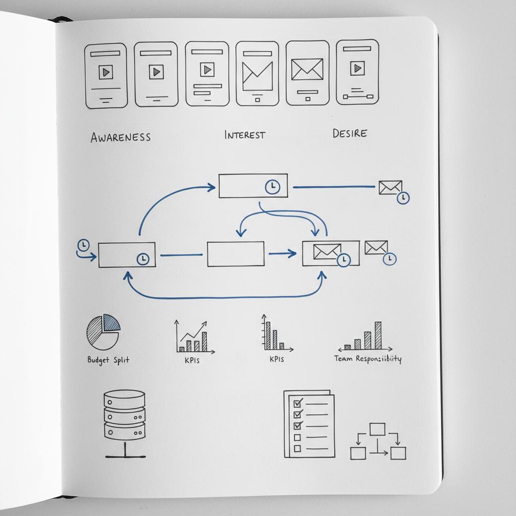 Notebook-style sketches of a mobile-first marketing funnel illustrating Meta ads effectiveness with short-form video thumbnails, retargeting sequences, email flows, and backend server link.