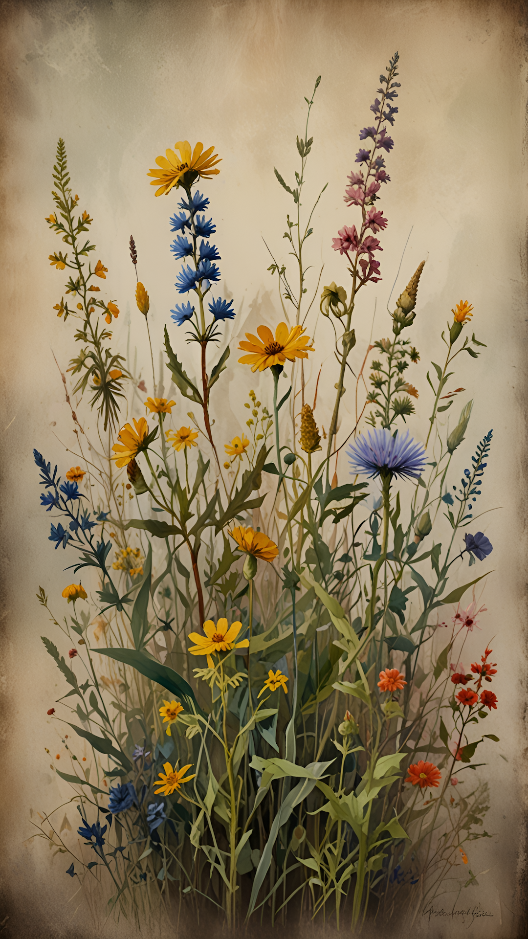 Vintage Watercolor Wildflower Botanical Illustration Art Print - Free 4K mobile Wallpaper