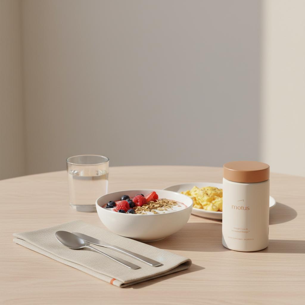 Tonum Motus bottle beside Greek yogurt with oats and berries, scrambled eggs and water on a minimalist kitchen table suggesting a protein-rich breakfast to reduce food cravings naturally