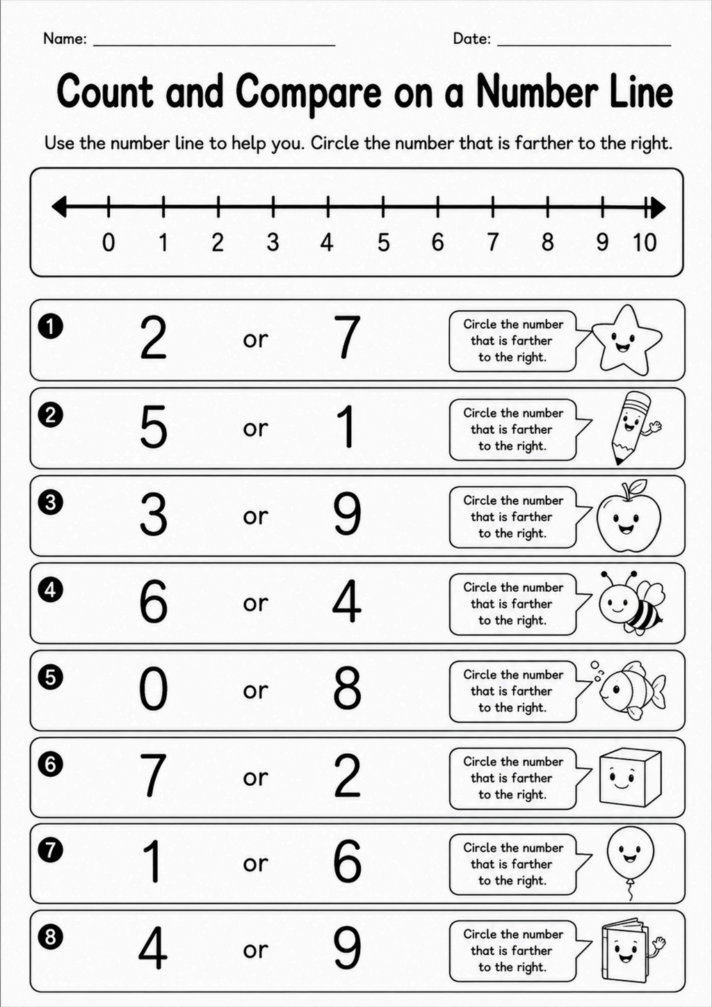 Count and Compare on a Number Line Worksheet