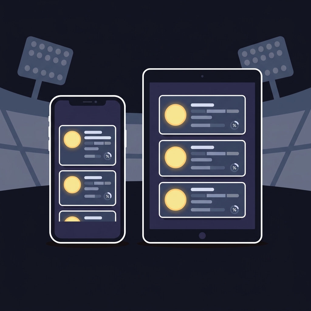 Minimal 2D vector of a smartphone and tablet showing ticket listings with fee breakdown bars side by side on a stadium background using Funded Plays colors for an article about best nhl prediction site