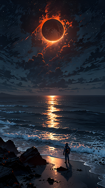 Astronaut Watching Fiery Solar Eclipse Over Dark Ocean - Free mobile Wallpaper