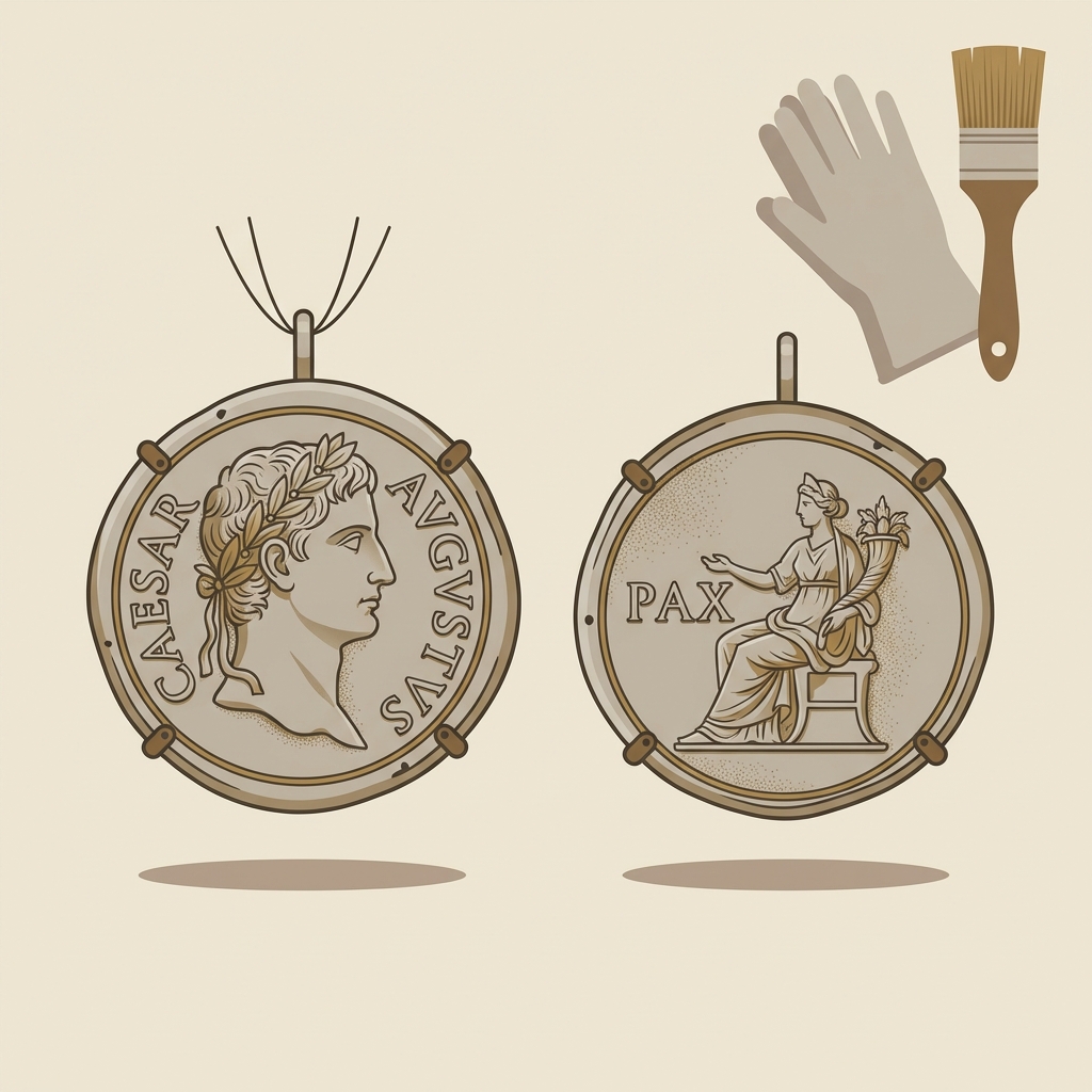 Side by side 2D vector obverse and reverse of an ancient roman coin pendant showing visible mount traces and conservation glove and brush on warm beige background