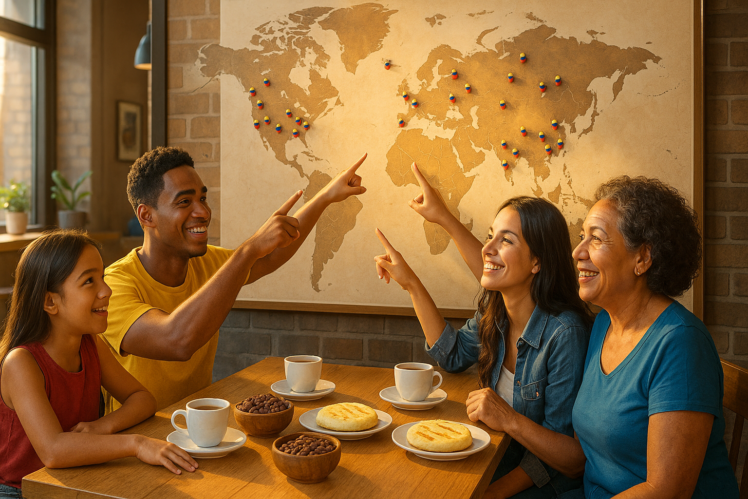 Venezolanos señalando un mapa mundial con marcadores de areperas y lugares culturales