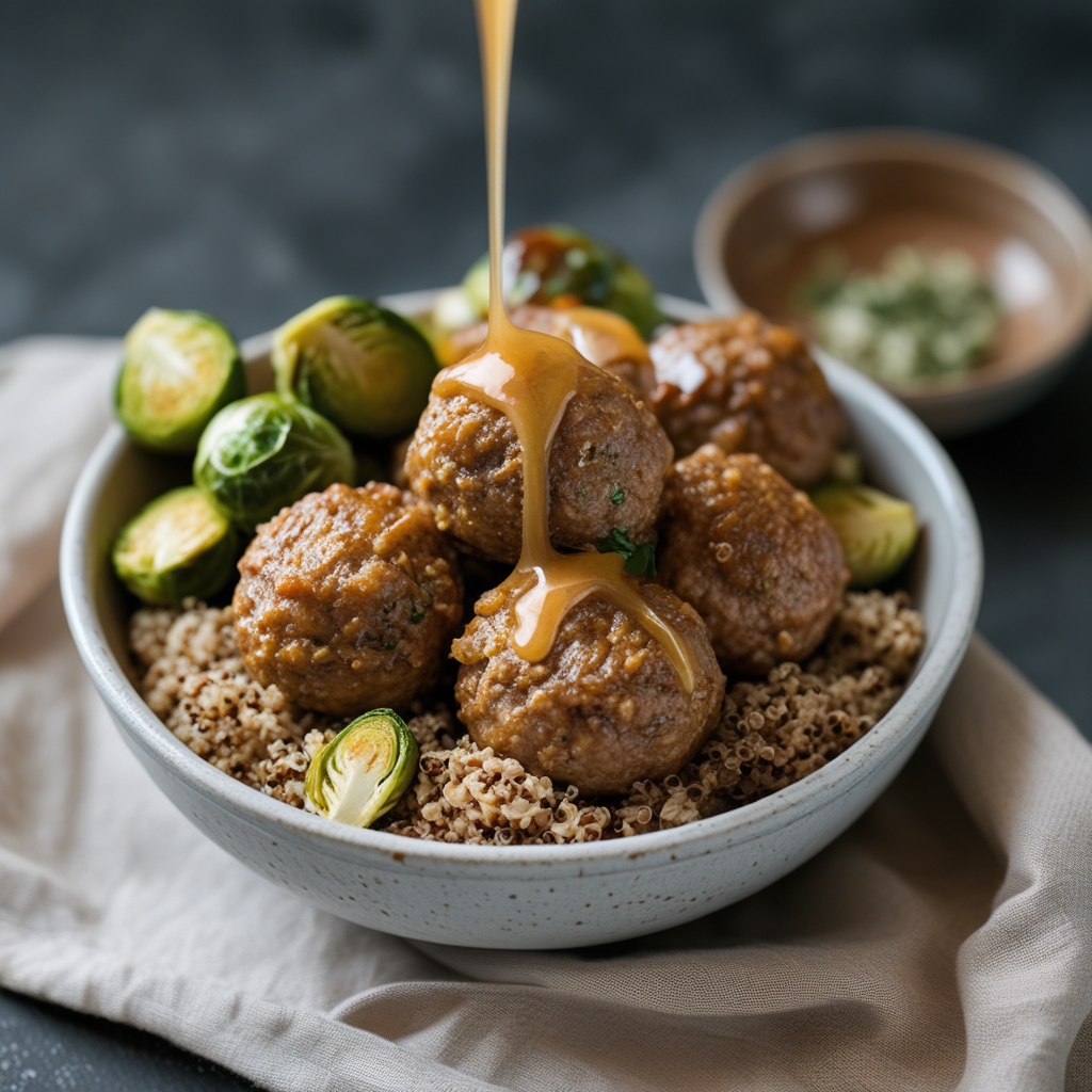 Final Tangy Maple Dijon Turkey Meatballs with Quinoa & Roasted Brussels