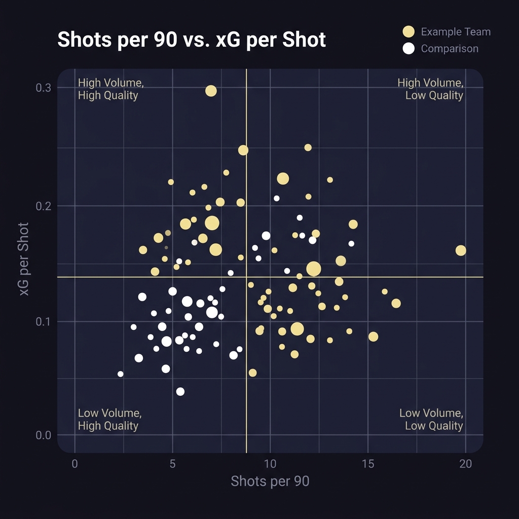 Scatter plot mockup of shots per 90 versus xG per shot with labeled quadrants and team example points showing How Shot Quality Differs from Shot Volume on a Funded Plays navy background