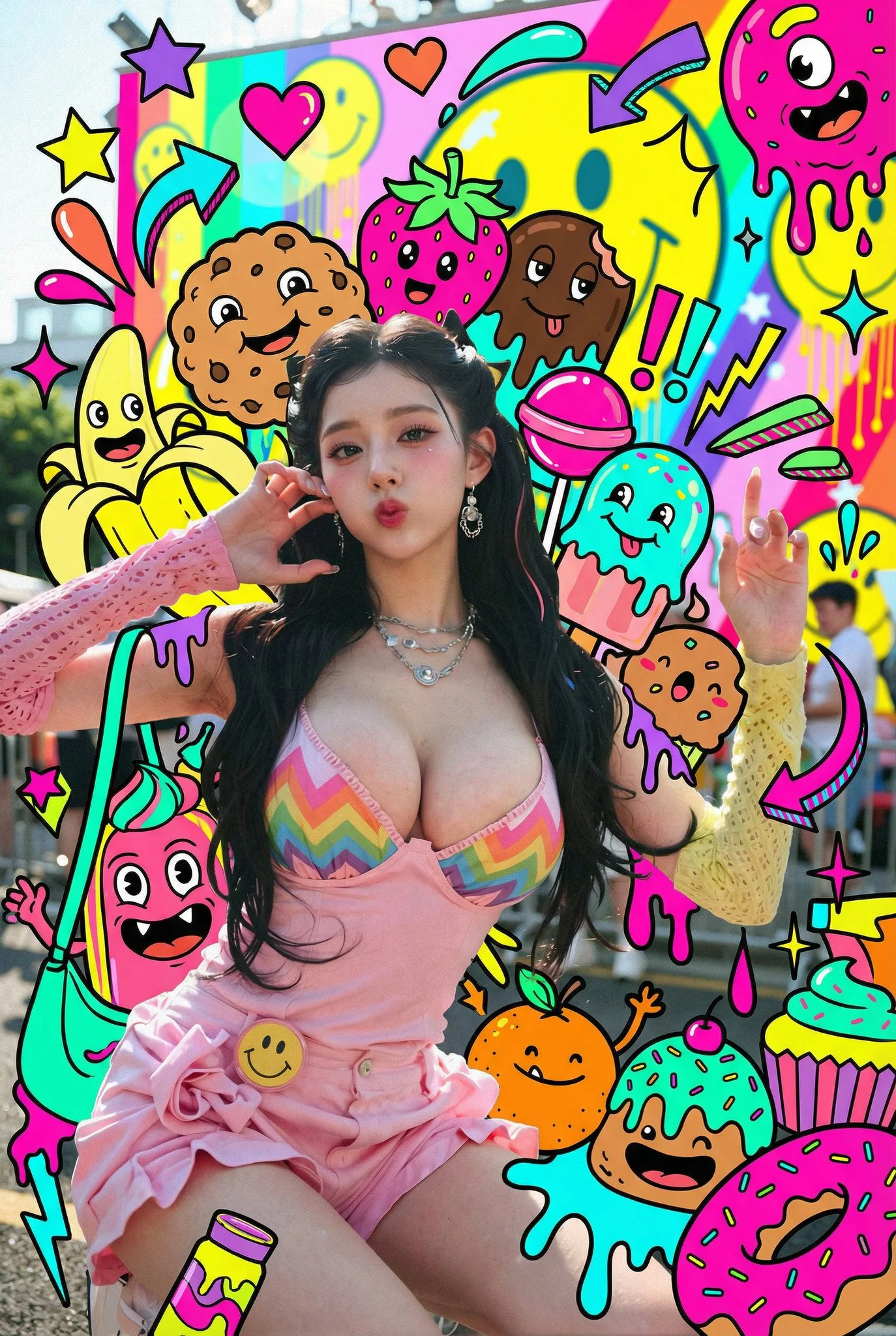 Añade monstruos de caramelo y decoraciones gráficas a la escena pop-art.