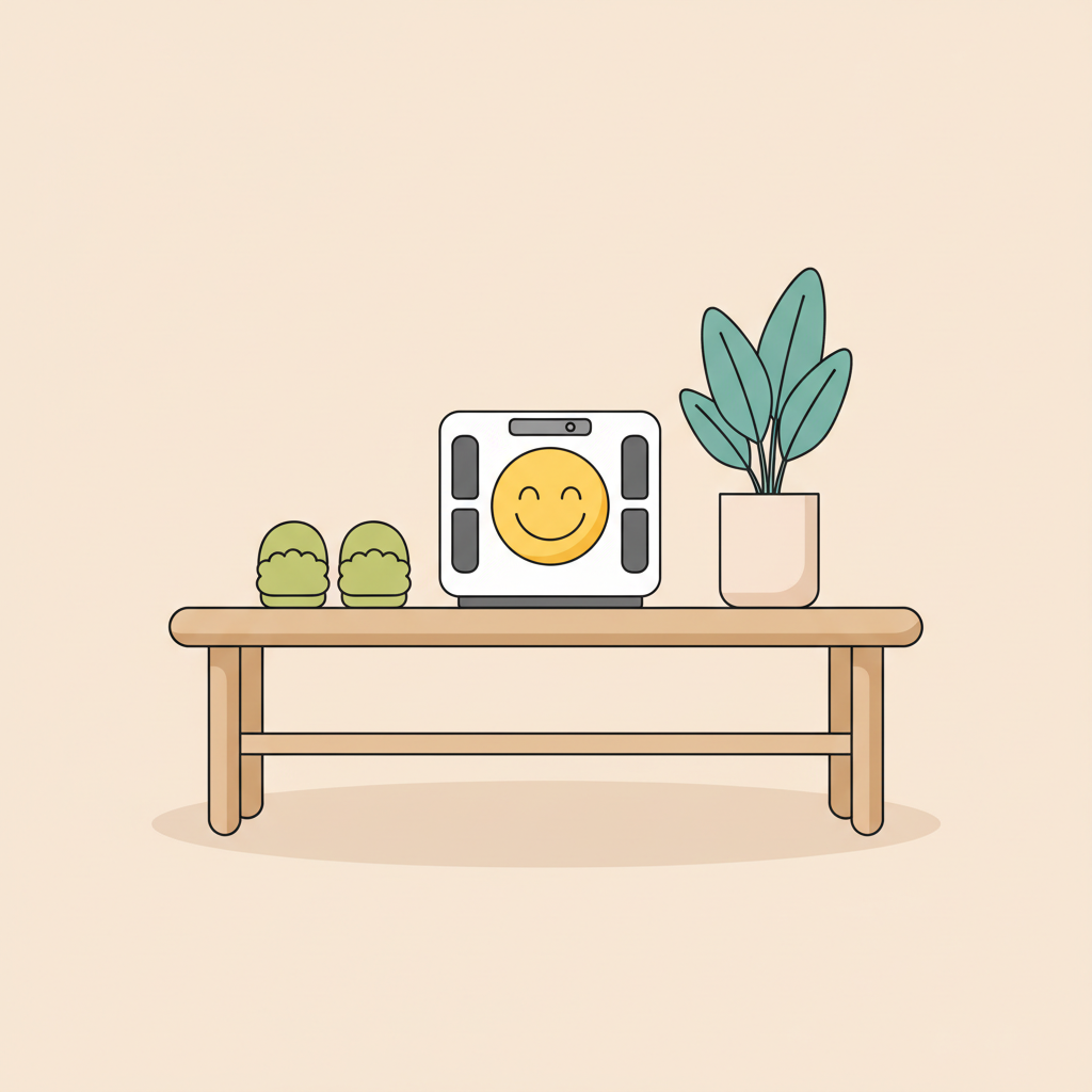 Was Essen Bodybuilder zum Abnehmen? Minimalistische 2D-Vektorillustration einer Waage mit Smiley-Display auf Holzregal, Hausschuhe (#B0BF71) und Pflanze (#4A9A9E) vor Hintergrund #F7EDE6.