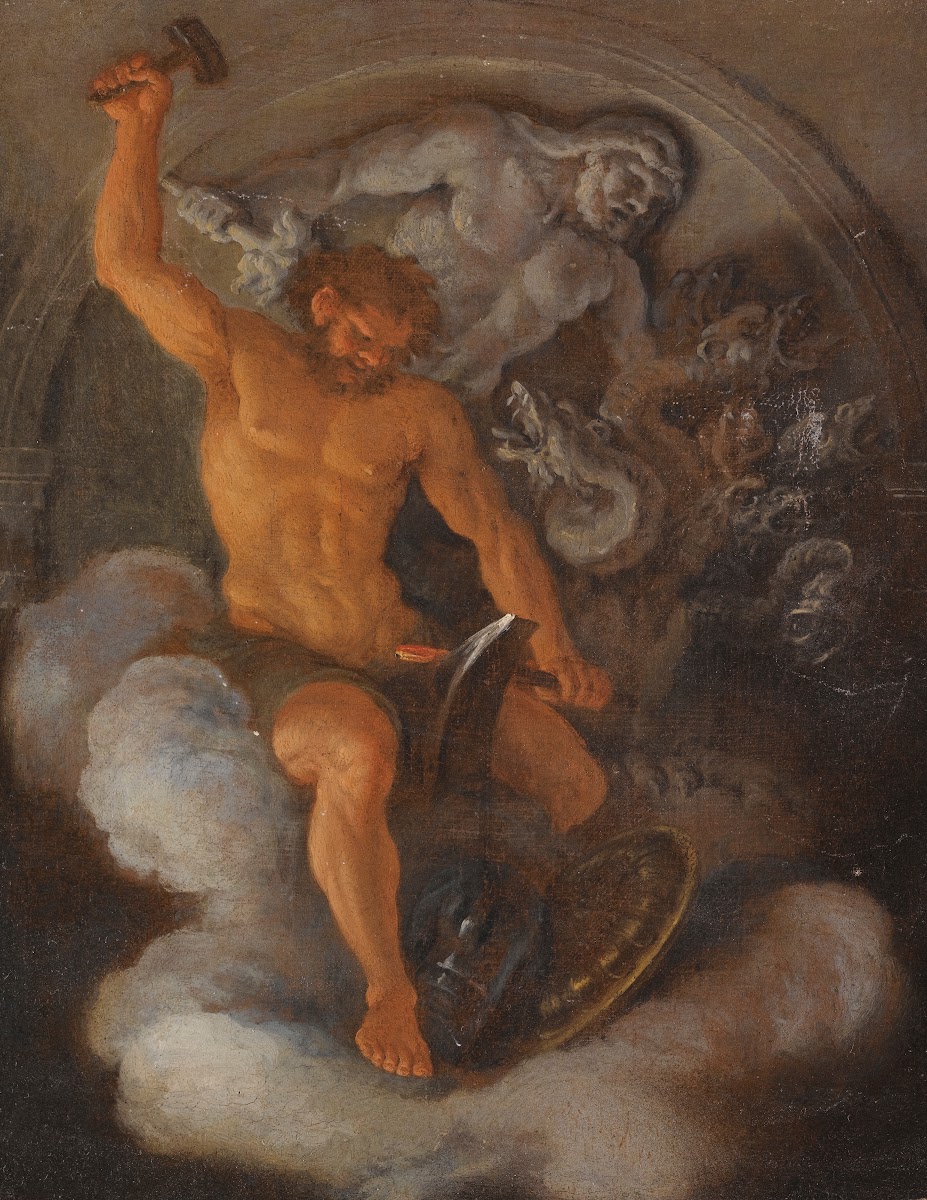 Vulcan At His Forge Behind Hima Bas Relief Of Herculesfighting The Hydra