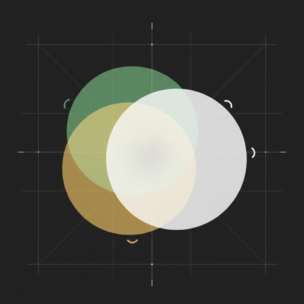 Minimalist 2D vector of three overlapping translucent circles on dark background with green gold and white brand colors visualizing correlation for 3-5-7 trading rule
