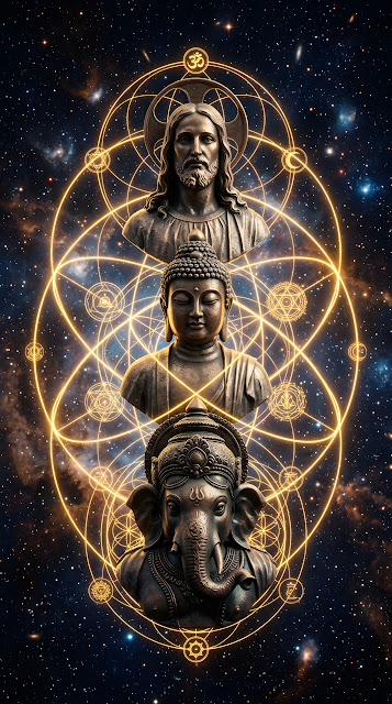 Surreal Cosmic Composition Of Jesus, Buddha, And Ganesha - Free mobile Wallpaper