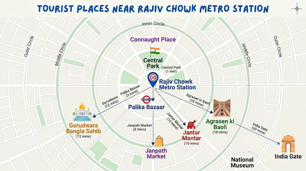 Map showing Delhi tourist places near Rajiv Chowk Metro Station including Connaught Place, Jantar Mantar, Bangla Sahib and India Gate