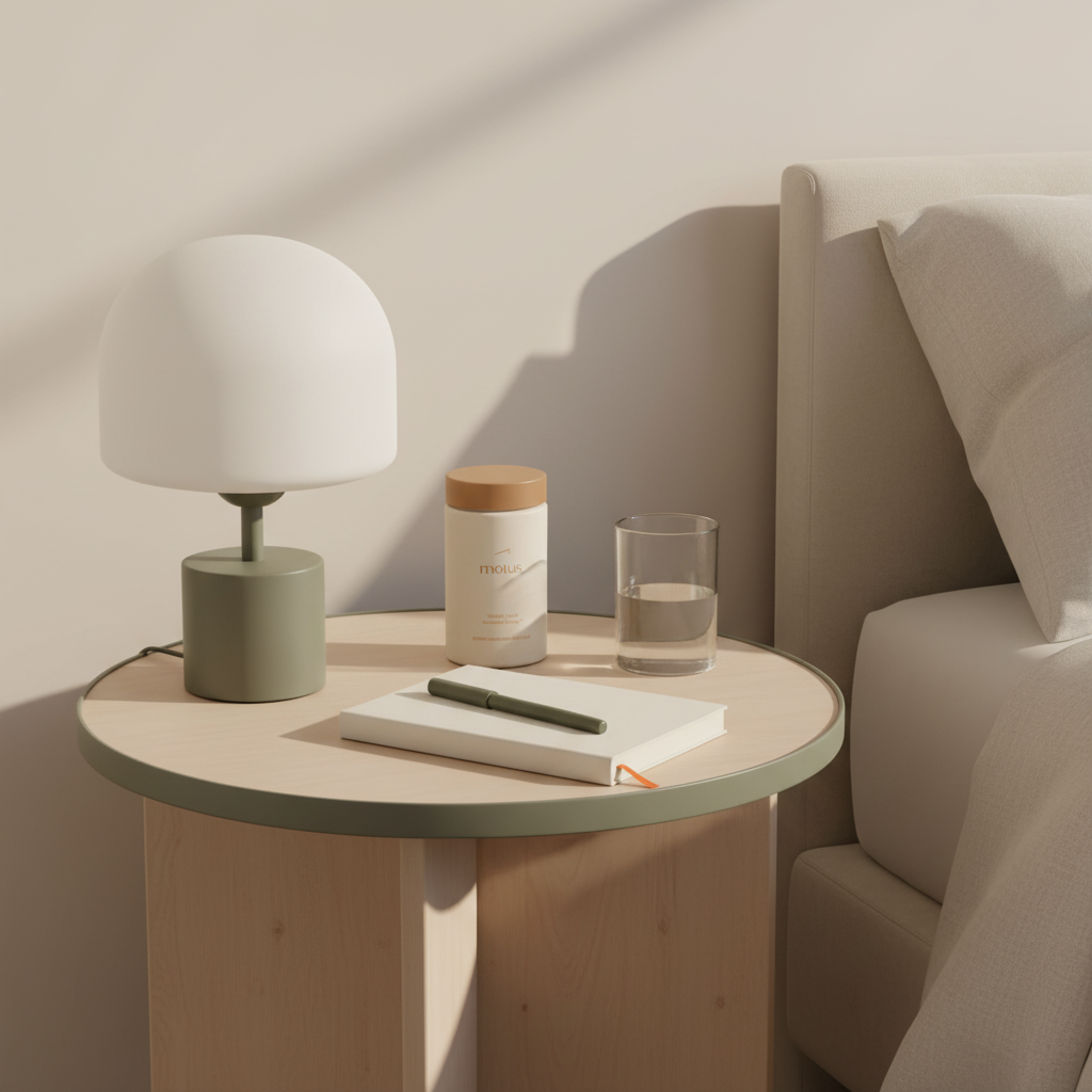 Minimal bedside scene showing Tonum Motus supplement jar beside a closed journal and glass of water in morning light, suggesting a metabolism-supporting daily routine.