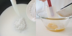 Trong một nồi khác cho sữa tươi cùng 20g bột lên bếp, khuấy đều tay. Khi hỗn hợp đã quyện đều thì bắc xuống bếp trộn cùng với hỗn hợp bơ đun chảy ở bước 1.