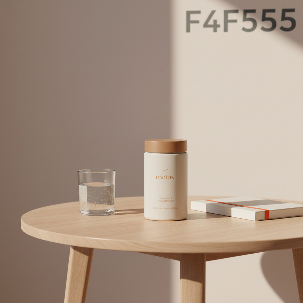 Full-frame lifestyle photo of the Tonum Motus supplement jar on a wooden table with a notebook and glass of water in soft morning light, minimalist background — apple cider vinegar pills.