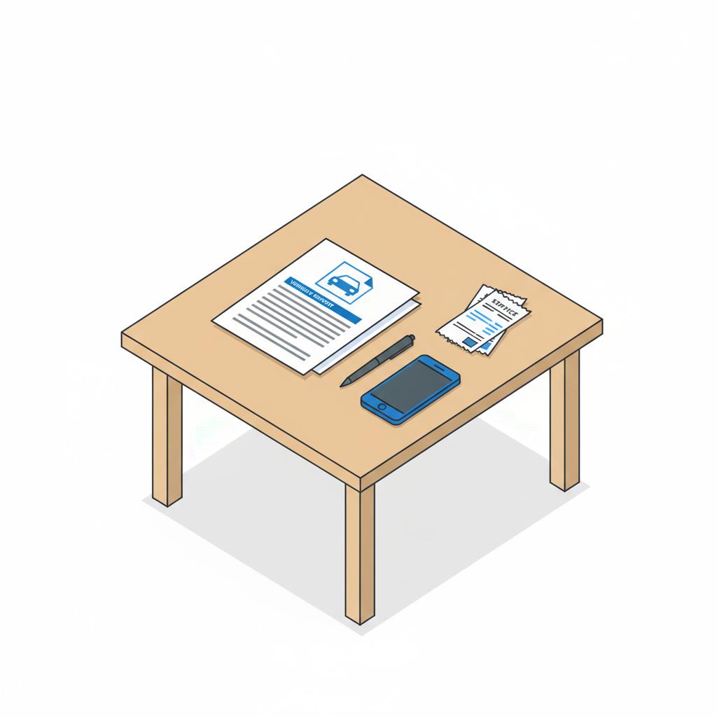 Minimalist 2D vector kitchen table with printed vehicle history report and service receipts beside a pen and smartphone in CarFax Deals colors about lexus rx 350 price