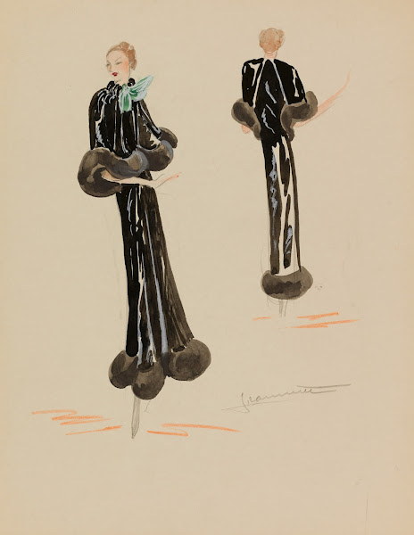Redingote noire avec cape fermée par ruban vert et bordée de fourrure 1938