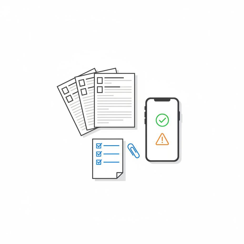 Minimalist 2D vector tidy desktop with vehicle history pages checklist and smartphone showing free VIN check result icons with CarFax Deals blue accent