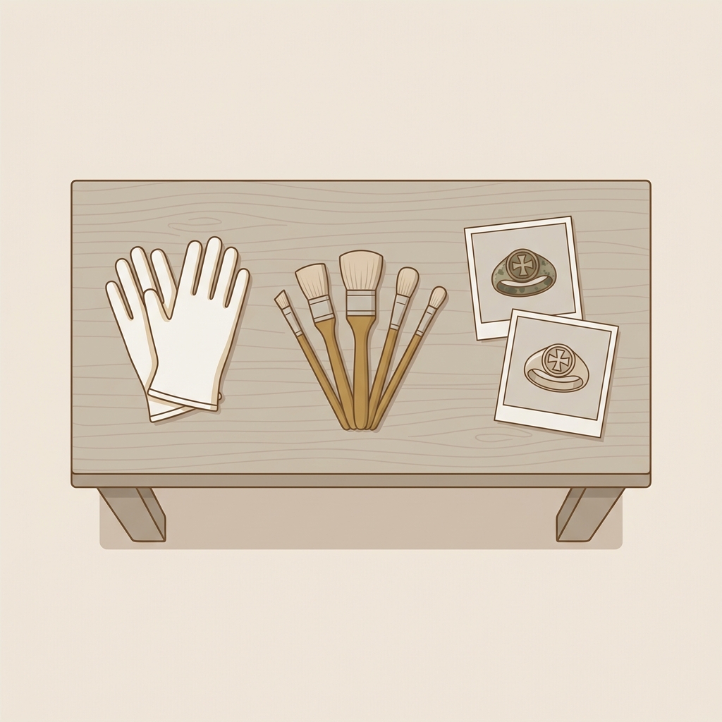 Minimalist vector illustration of a conservator workstation with gloves soft brushes and before and after photographs showing restoration of an antique knights templar ring on a warm beige background