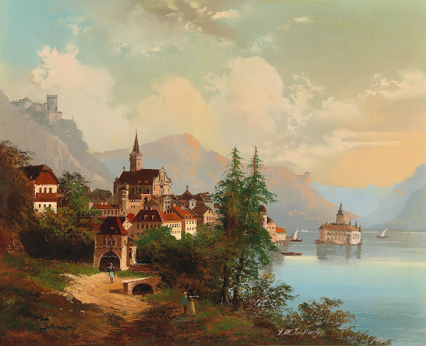Blick auf eine Stadt und ein Wasserschloss