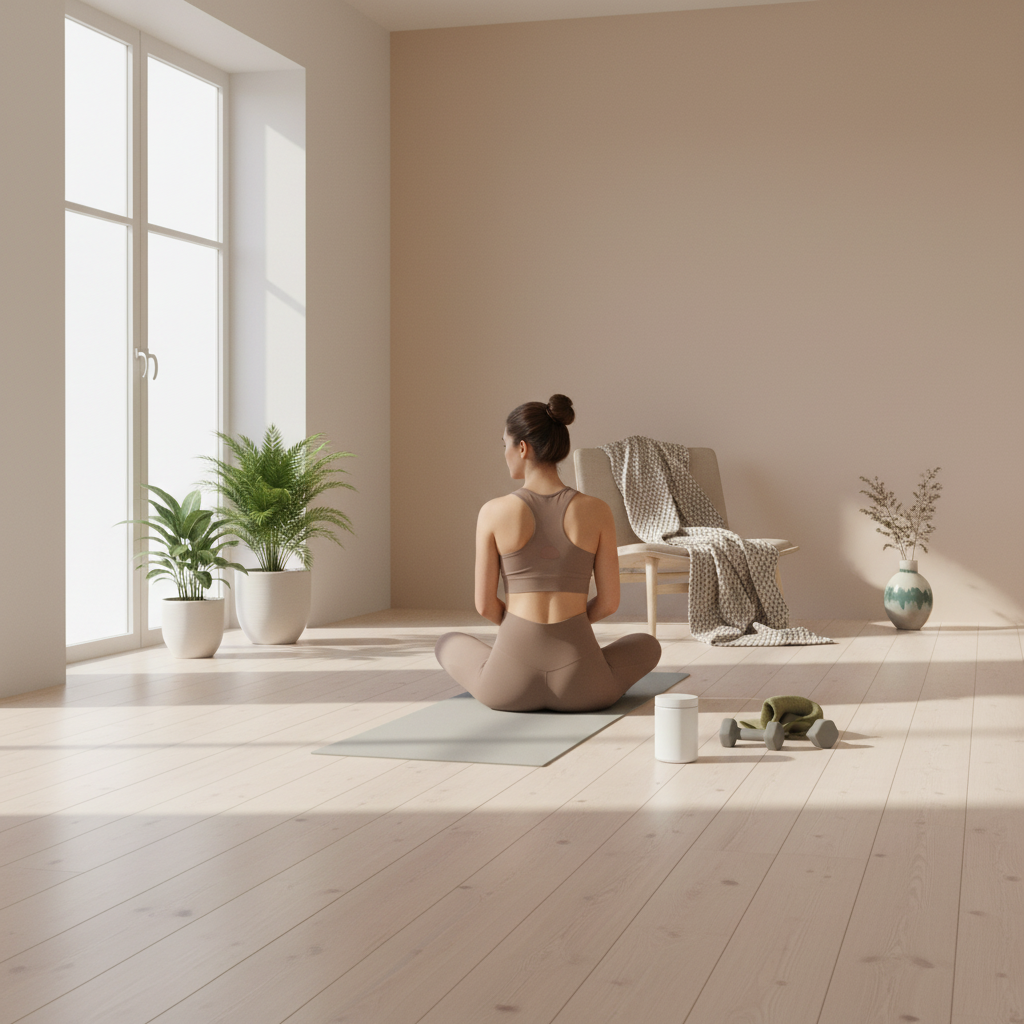 Minimalistisches Home-Workout im hellen Wohnzimmer mit Yogamatte und Person beim Dehnen, skandinavischer Holzfußboden, Winterlicht und dezente Markenakzente – Trainingshäufigkeit im Fokus.