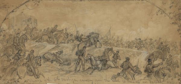 Charge of the 6th Michigan cavalry over the rebel earthworks nr Falling Waters 1