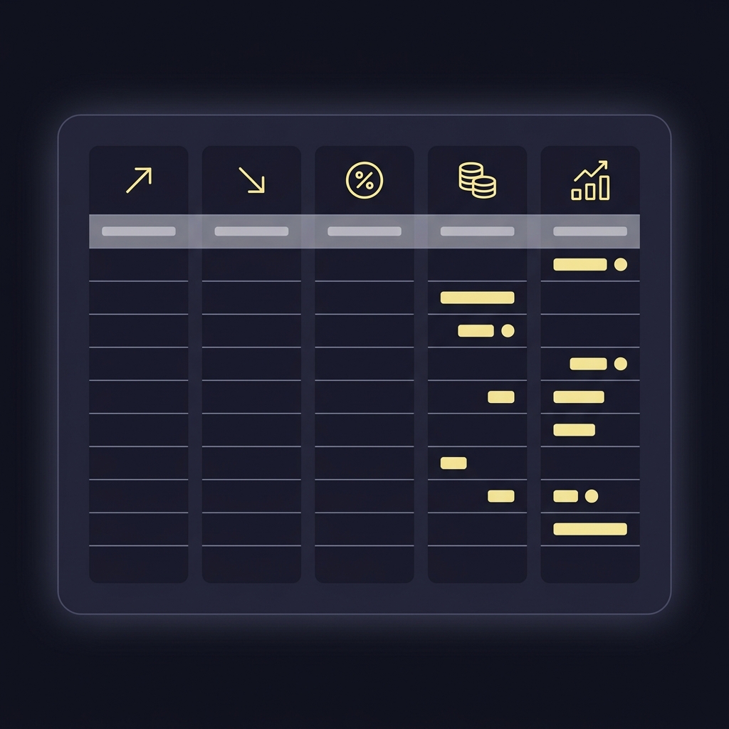 Vector spreadsheet mockup with five CLV columns showing icon headers and row lines, Funded Plays style The Complete Beginner's Glossary of Sports Trading Terms