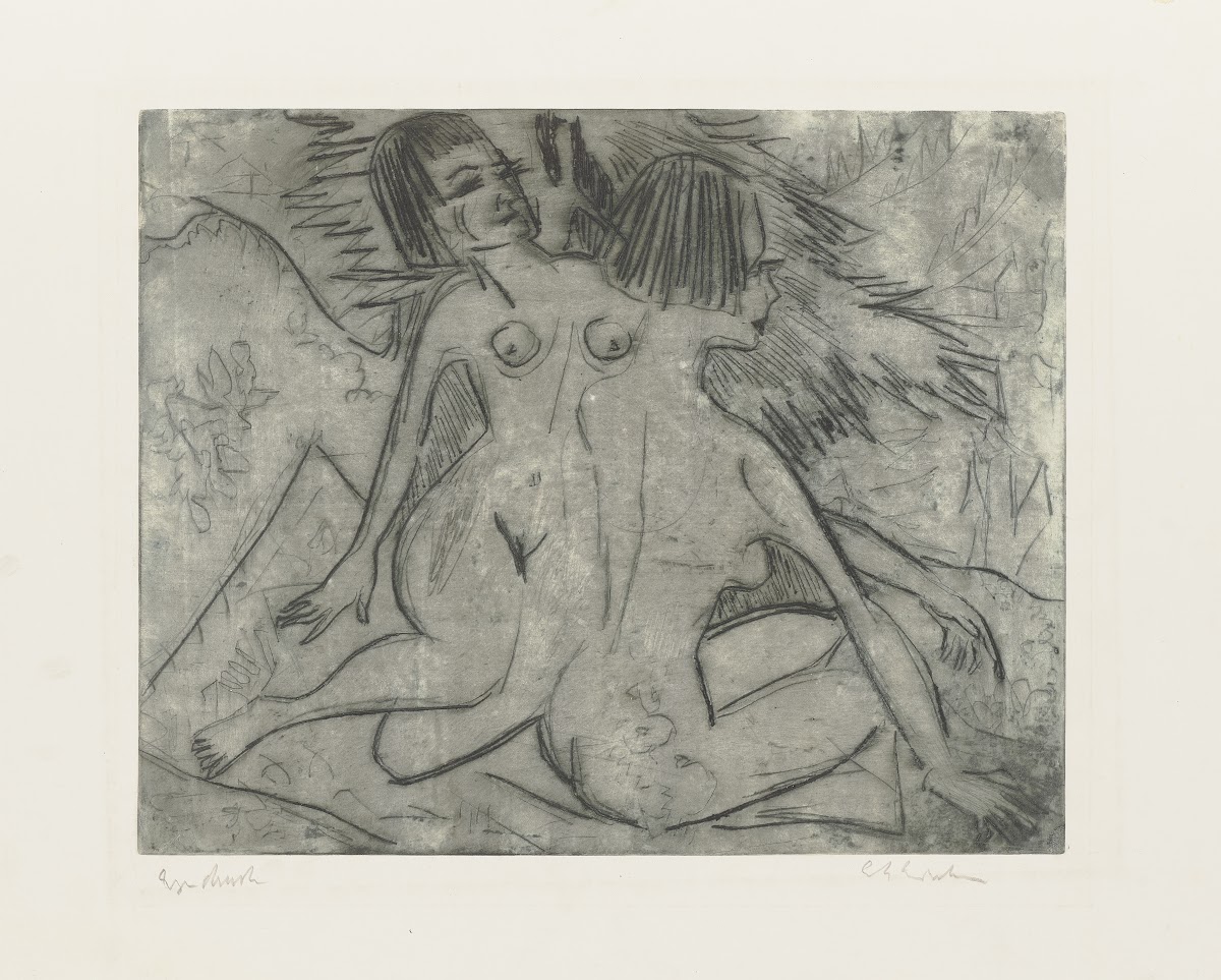 Zwei nackte Frauen am Waldrand 1921