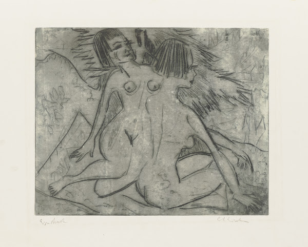 Zwei nackte Frauen am Waldrand 1921